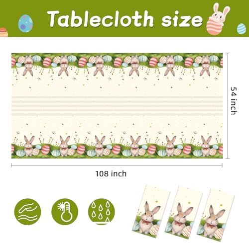 Childom 3 Pack Easter Decorations Easter Tablecloths Disposable Plastic Tablecloths 54"x108" Bunny Table Cloths Rectangle Tables for Party Supplies,Holiday Table Covers for Home Dinner Outdoor Picnic