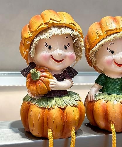 KiaoTime Fall Thanksgiving Scarecrow Pumpkin Shelf Sitters with Dangling Legs Decoration, Set of 2 Fruit Harvest Sculpture for Window Sill Kitchen Tabletop Autumn Home Decoration