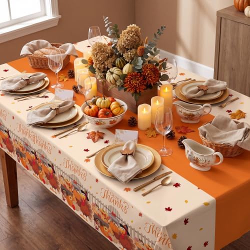 6 Pack Thanksgiving Turkey Disposable Plastic Tablecloth 54" x 108" Autumn Party Table Cloths Disposable for Thanksgiving Party Decorations Indoor or Outdoor Birthdays Buffet Table