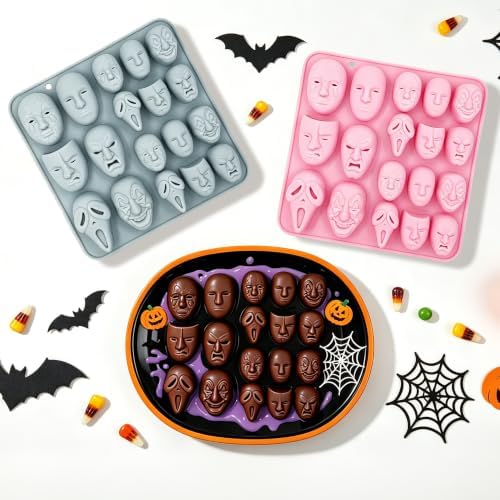 2 Pack 3D Ghost Face Silicone Molds 18 Cavity Halloween Themed Baking Mould Tray DIY Baking Tool for Chocolate Cake Dessert Candy Mousse Pastry Cupcake Topper Handmade Soap Crayons Plaster Casting