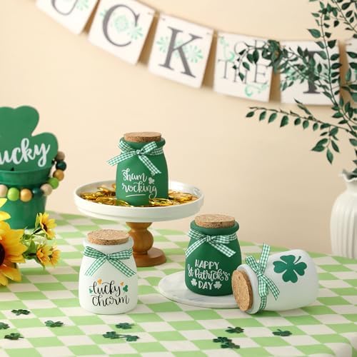 St Patricks Day Tiered Tray Decorations, 4 Pcs St. Patrick's Day Mini Mason Jars, Decorative Jars for St Patricks Day Table Decor, Tiered Tray Decor, Spring Green Table Decor