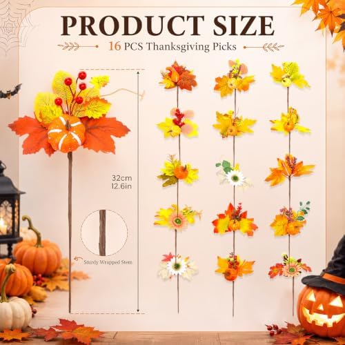 16 Pcs Fall Flower Pick, Artificial Floral Leaf Stem, 12 Inch, Pumpkin
