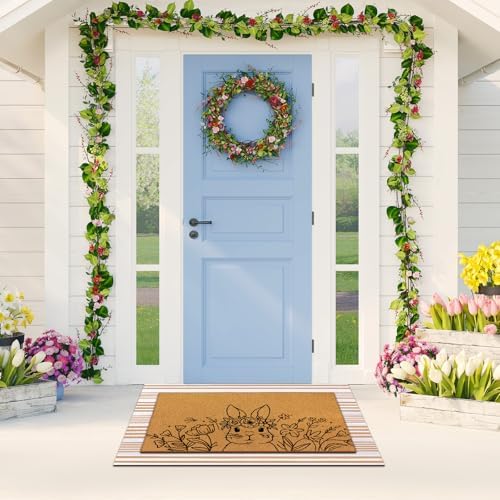 Tinideya 2 Pcs Easter Floral Bunny Layered Door Mat Set