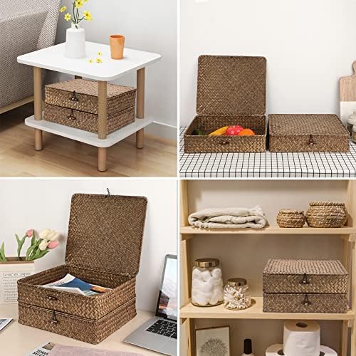 Hipiwe 2 Packs FLat Woven Wicker Basket Bin with Lid, Large Seagrass Baskes