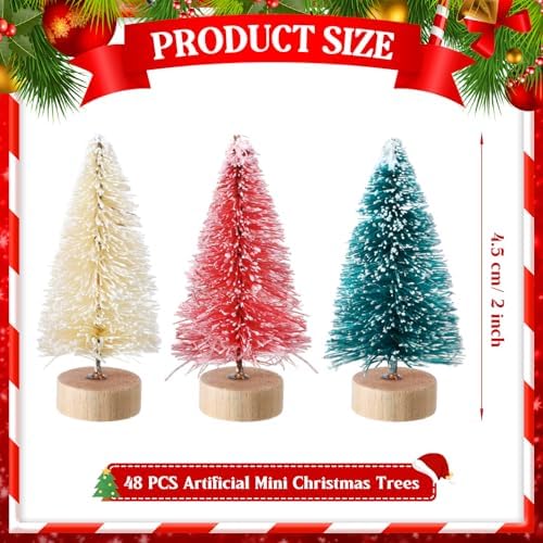 Sumind 48 Pcs 1.78 Inch Mini Bottle Brush Christmas Trees Green Red Yellow