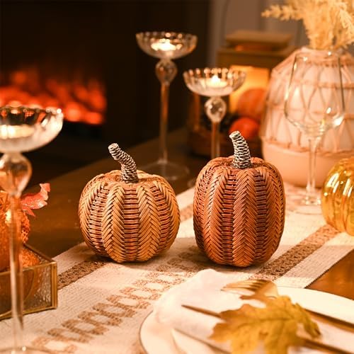 Valery Madelyn Thanksgiving Fall Decoration for Home Pumpkin Decor, 2pcs Resin Statue Artificial Rattan Pumpkins Figurine, Autumn Harvest Halloween Table Centerpieces, 6.2 inch
