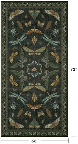 Dark Green Rug for Entryway Indoor- 3x6 Large Washable Kitchen Rug, Non Slip Insect & Floral Pattern Carpet for Entry