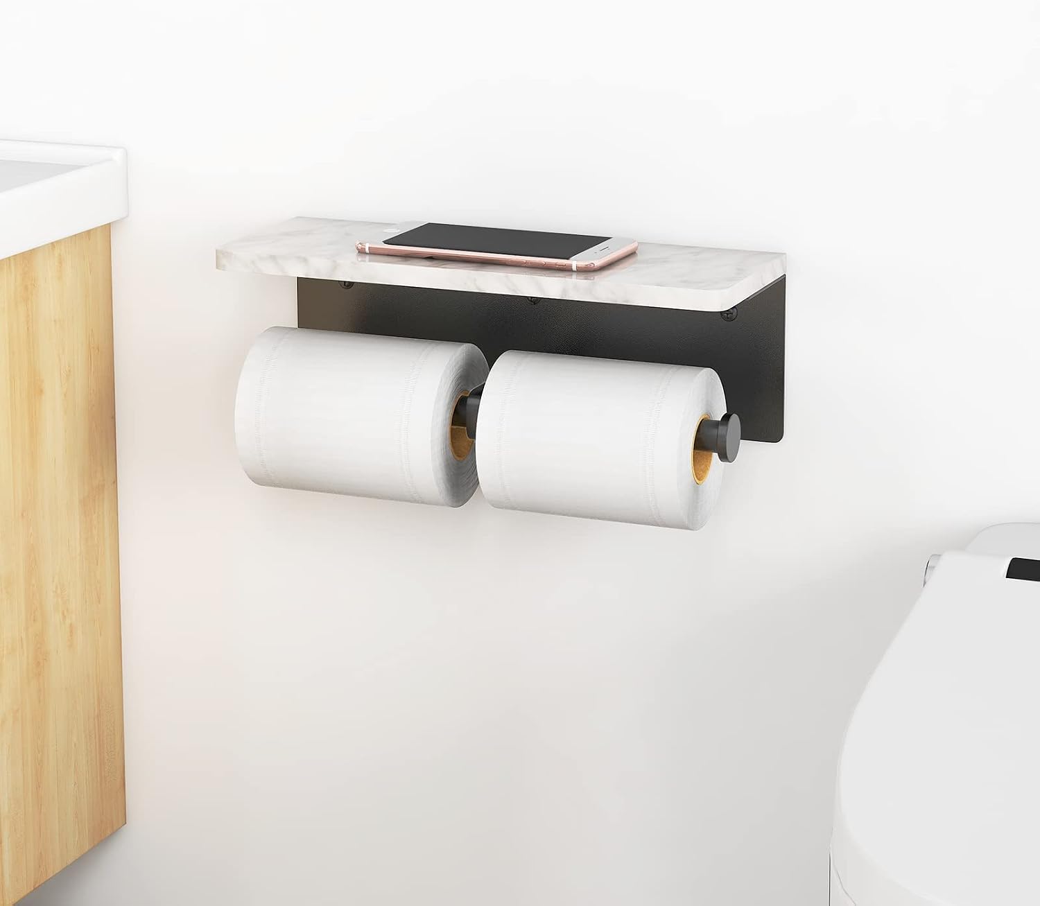 Gypie Toilet Paper Holder with Marble Shelf, Wall Mount, Double Black | Stainless Steel Tissue Roll Paper Holder