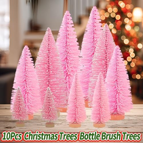 Yahpetes Christmas Trees 10 Pcs Bottle Brush Christmas Trees 5 Size Artificial Mini Christmas Sisal Snow Frost Trees Pine Trees with Wood Base for Tabletop Christmas Party Home Indoor Decor (Pink)