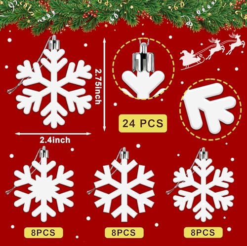24 Pcs Snowflake Hanging Ornaments for Christmas Tree Xmas Winter Snowflake Tree Ornaments Plastic White Snowflakes Hanging Decorations for Xmas Trees Winter Wonderland Holiday Party Home Decoration