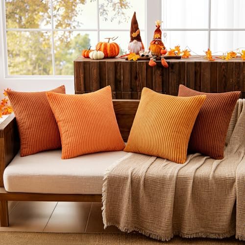 MIULEE Fall Corduroy Decorative Throw Pillow Covers Orange Rust 18x18