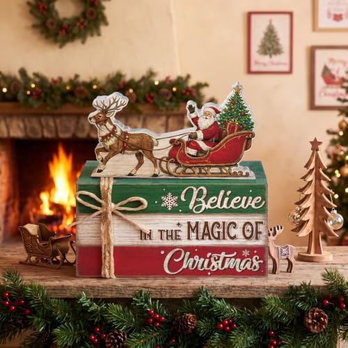 Geelin 4 Pcs Christmas Tiered Tray Decor Wooden Book Stack Signs, Believe in the Magic of Christmas Farmhouse Rustic Table Centerpiece for Shelf Coffee Bar Mantel, Home Decorations Gifts