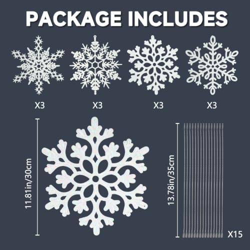 12pcs Large Christmas Snowflakes Decorations, 12" Big Plastic Glitter White Snowflake Ornaments for Winter Indoor Outdoor Christmas Tree Holiday Window Room Decor Craft Snowflakes