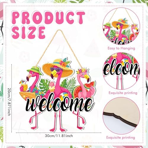 Flamingo Welcome Door Sign 12'' Summer Tropical Wooden Decor Hawaiian Flamingo Wall Art Hanging Sign Pink Flamingos Front Door Wreath for Farmhouse Home Wall Holiday Summer Decor, Housewarming Gift