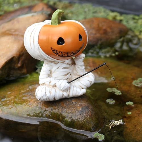Fishing Pumpkin Head Mummy Statue Funny Halloween Decorations, 3.15 Inch Cute Sitting Figurine Shelf Sitter Resin Sculpture for Outdoor Garden Yard Lawn Pond Waterfalls Pool Ornaments