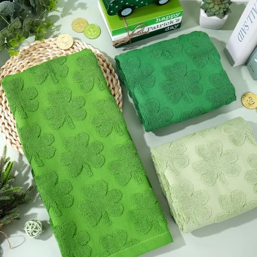 Whaline 3 Pcs St. Patrick's Day Hand Towel 3D Jacquard Cotton Towel Absorbent Green Shamrock Clover Dish Towels for Irish Holiday Kitchen Bathroom, 13.8 x 29.5 Inch