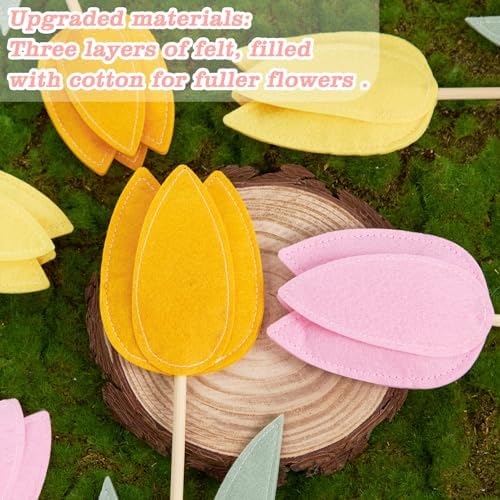 SUNBEAUTY 6Pc Tulips Flower Table Decoration Tulip Felt Centerpiece Pink Yellow Orange Mothers Day Decorations Tabletop Signs for Easter Garden Home Party Classroom Teacher Table Decor