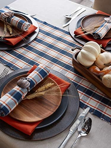DII Thanksgiving & Fall Table Decoration Autumn Farmhouse Plaid, Ribbed Table Runner, 13x72, Blue & Orange