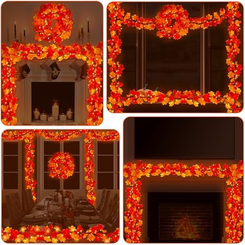 3Pack 27FT Plug in Fall Maple Leaves Garland with Lights 150 Orange Bulbs
