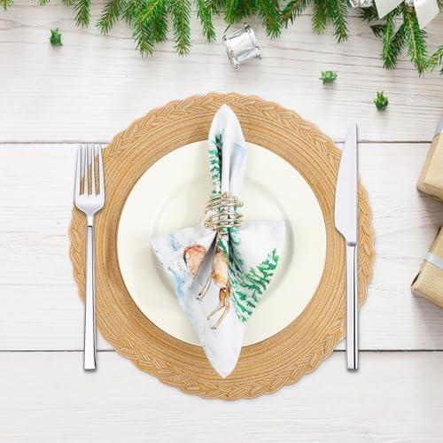Winter Pine Tree Napkins, 18×18 Inch Woodland Deer Dinner Cloth Napkins Set of 6, Washable Cotton Soft Absorbent Square Napkins for Dining Kitchen Party Wedding Decoration