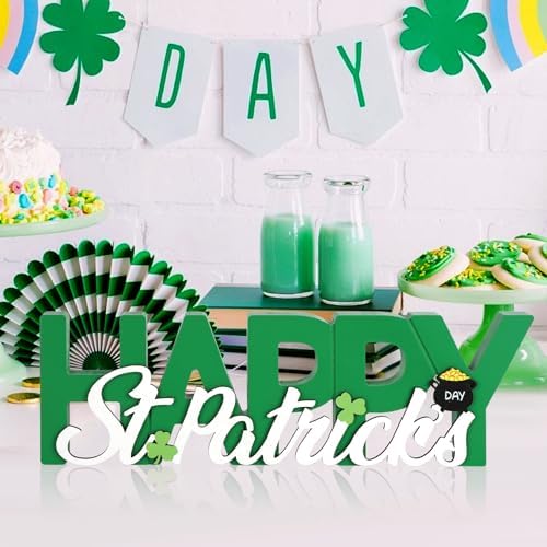COCHIE Wooden Happy St. Patrick's Day Sign, Green Saint Patrick Decorations for Home, Office, Shelf, Mantel, Indoor, Wood Shamrock Decor, Lucky Pot of Gold Table Top Party Decoration (Green)