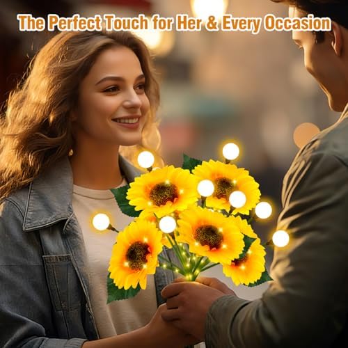 Sunflower Solar Lights Outdoor, 4 Pack Sunflowers with Firefly Lights, Waterproof Solar Flower Lights with 1000mAh Battery for Patio Porch Lawn, Gifts for Mom Women Grandma, Yard Decorations Outdoor