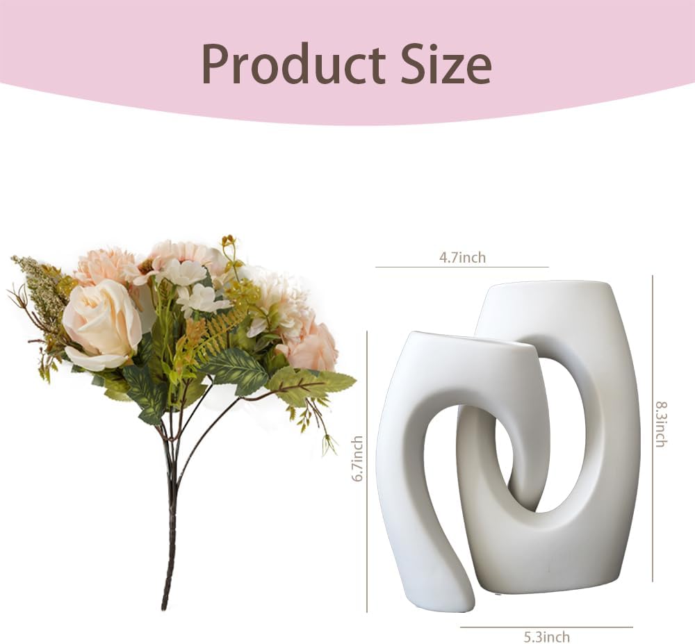 White Ceramic Vase / Champagne-colored Flowers and White Vase / Set of 2