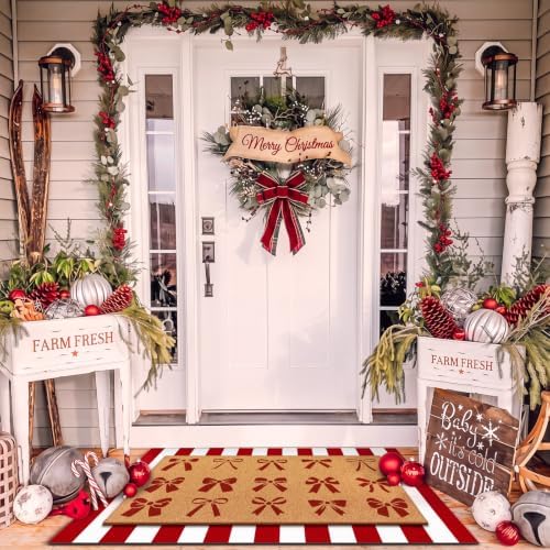 Tinideya 2 Pcs Christmas Layered Doormat Set, Red Bows