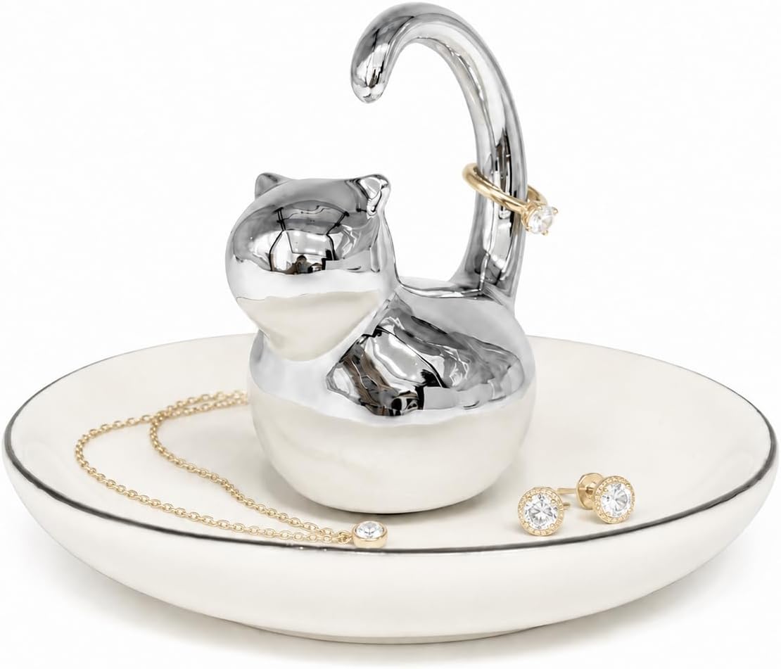 Cat Ring Holder Jewelry Dish- & Silver Ceramic Trinket Tray / Fat Cat / White