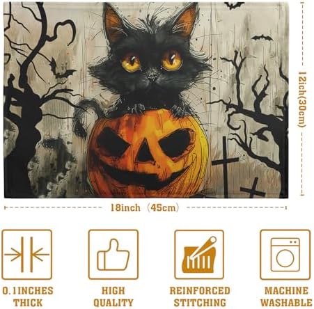 Halloween Black Cat Pumpkin 12x18 Placemats Set of 4 Happy Halloween Bat Branch Linen Table Place Mat Seasonal Fall Washable Heat Resistant Non Slip Table Placemats for Party Kitchen Dining Decor