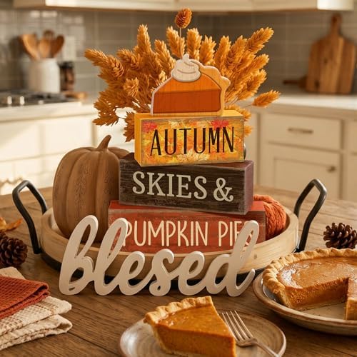 Lineshading 3 Pcs Fall Table Decor, Pumpkin Pie Wood Block Sign Home Tray