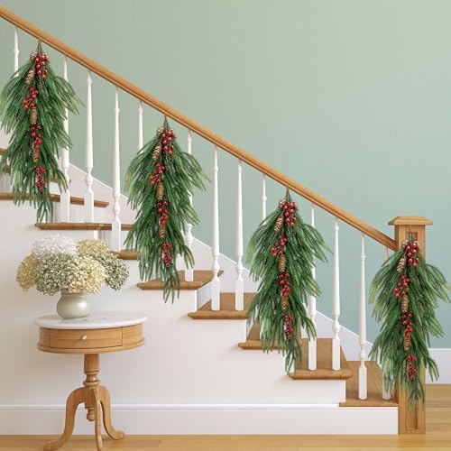 2 Pcs Artificial Christmas Teardrop Swag with Berries and Pinecones, Faux Berry Pine Branch Teardrop Door Swag, Norfolk Wreath Greenery Staircase Swags for Xmas Door Mantle Fireplace Decor