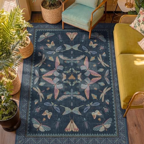 5x7 Navy Blue Boho Rugs for Living Room, Stain Resistant Non Slip Area Rug for Dining Room, Whimsical Bedroom Insect