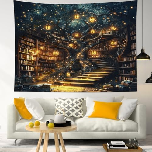 HVEST Fantasy Library Bookshelf Wall Tapestry Fairytale Tree Magic Bookshelf Tapestry Wall Hanging Retro Vintage Tapestries for Classroom Study Room Bedroom Living Room Dorm, 70.9L x 92.5W Inches