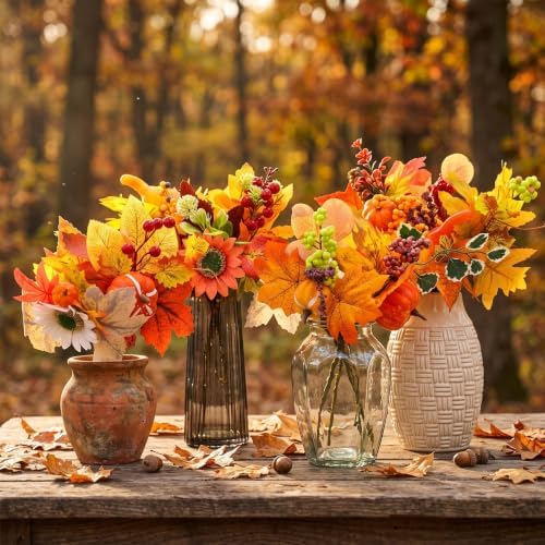 16 Pcs Fall Flower Pick, Artificial Floral Leaf Stem, 12 Inch, Pumpkin