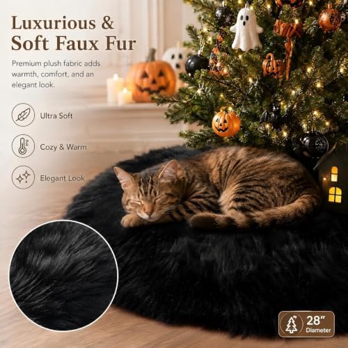 28 Inch Black Faux Fur Christmas Tree Skirt for Halloween Decorations