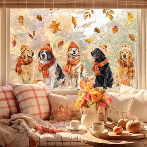 JarThenaAMCS 2 Sheet Fall Dog Window Clings, Resuable Window Decal