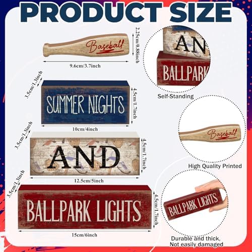 Lineshading 4 Pcs Baseball Wooden Blocks Sign with Bat, Blue White Red
