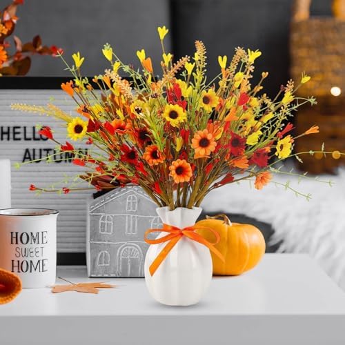 JUNEBRUSHS 12 Pack Fall Flowers, Artificial Autumn Floral Berry Picks Forsythia Stem for Thanksgiving Harvest Bouquet Floral Arrangements Garland Table Centerpieces Home Decor