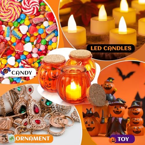 Vesici 12 Pcs Glass Pumpkin Candy Jars with Lid, Halloween Autumn, Orange