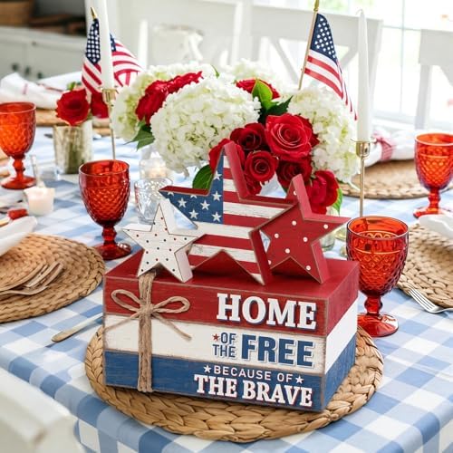 Geelin 4 Pcs 4th of July Wooden Book Stack Sign Decor, 250th Anniversary Patriotic Red White Blue USA Tabletop Decoration with Star Design, Rustic Farmhouse Tiered Tray Decor for Home Office Desk