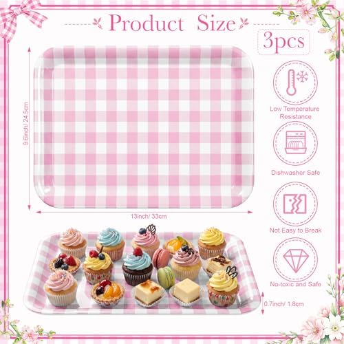 Vesici 3 Pcs Pink Gingham Serving Trays 13 x 10 Inch Plaid Melamine Platter