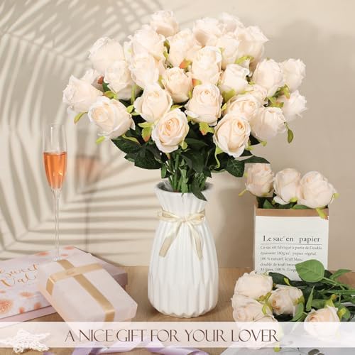 Hotop 80 Pcs Artificial Roses Flowers Bulk, Beige