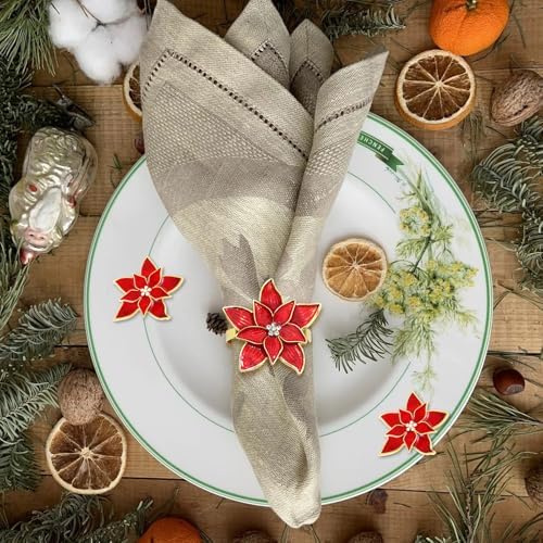 Christmas Napkin Rings Set of 8,Poinsettia Napkin Rings Red Flower Christmas Holders Metal Napkin Buckle for Thanksgiving Wedding Party Birthday Table Decoration Dinning