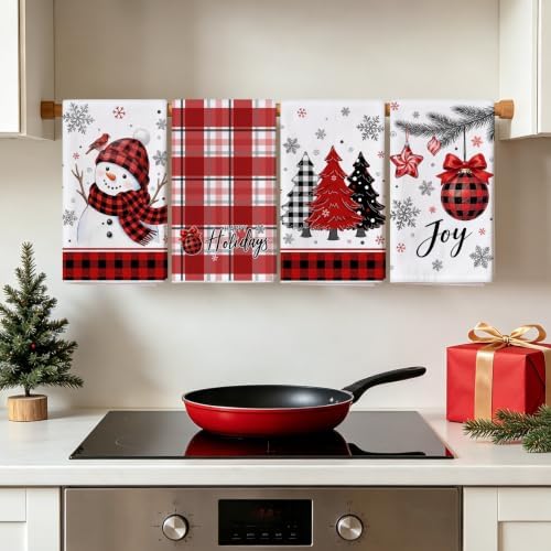 Hexagram Christmas Kitchen Towels, Red Plaid Christmas Hand Towels Set of 4