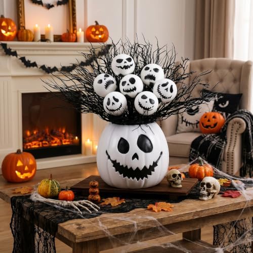 Wiwiqing Halloween Table Centerpieces Decor Resin Pumpkin Vase with Artificial Ghost Skull Face Balls Branch Flower Soil, Retro DIY Spooky Pumpkin Vase for Home Kitchen Indoor Decoration(Scary Face)