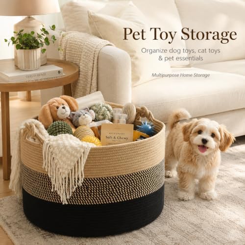 KAKAMAY Large Blanket Basket (20"x13"),Woven Rope Baskets for storage Baby Laundry Hamper, Cotton Rope Blanket Basket