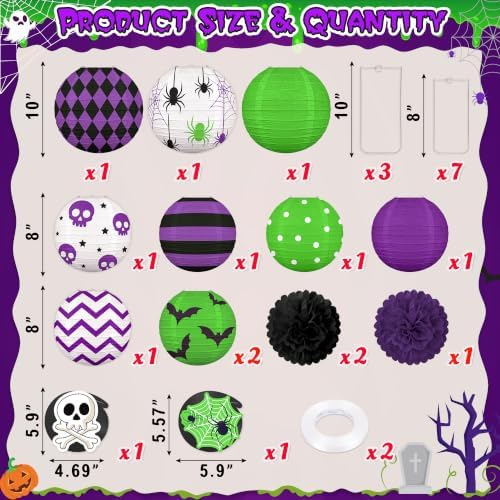 ‎Renbuzhu 15PCS Halloween Decorations Paper Lanterns Green Purple Set