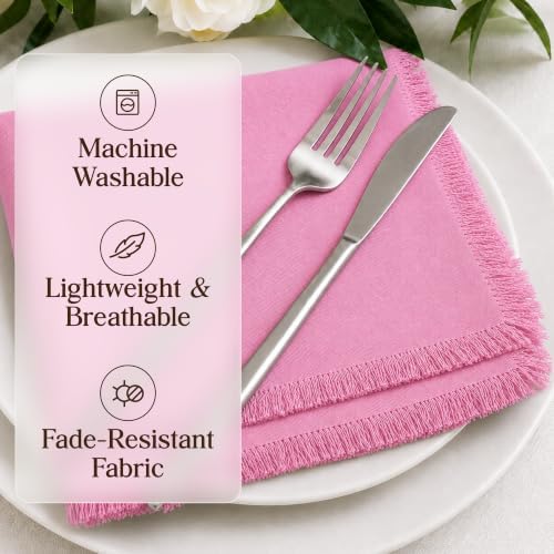CLOUDLOOM 100% Cotton Fringe Cloth Napkins, Baby Pink, Set of 6, 20"x20"