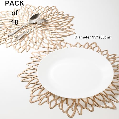 Snowkingdom Pack of 18 Gold Placemats Metallic Round Leaf Bulk Pressed Vinyl Dinning Kitchen Table Charger Mats Decorations for Mothers Day Wedding Party Birthday Event Holiday Christmas Thanksgiving